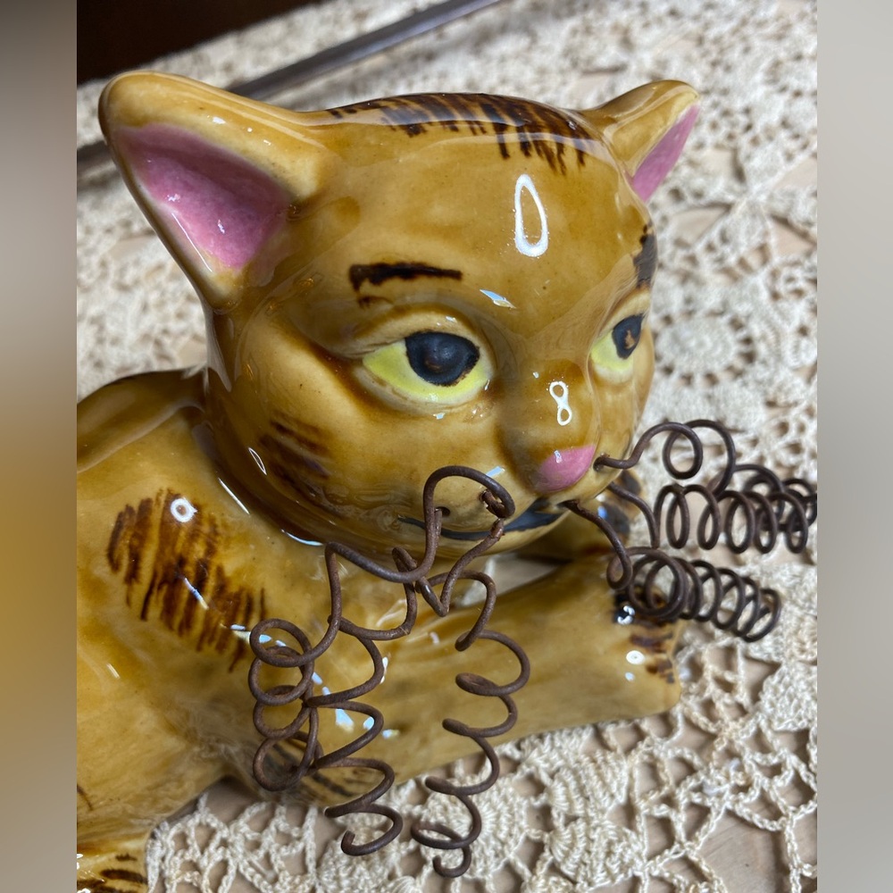 Tan Tabby Cat Figurine Ceramic Wire Curly Whiskers Whimsical Playful Pose